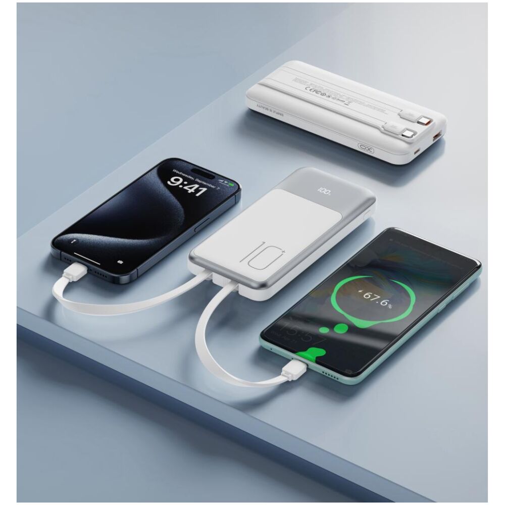 XO PR248 POWERBANK PD 20W + QC 22.5W ΜΕ ΕΝΣΩΜΑΤΩΜΕΝΟ ΚΑΛΩΔΙΟ TYPE-C ΚΑΙ LIGHTNING , ΟΘΟΝΗ, 10000mAh , ΛΕΥΚΟ - Image 2