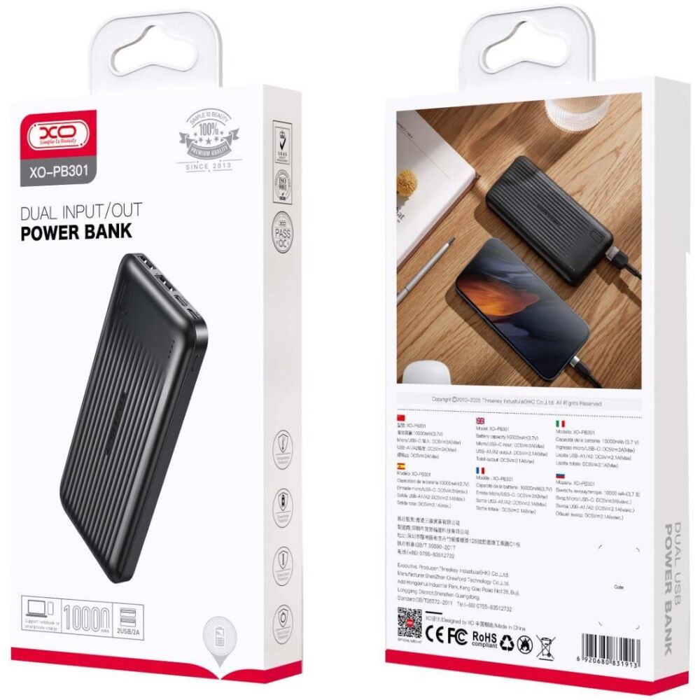 XO PB301 POWER BANK ME LED, 2A, 10000MAH, ΜΑΥΡΟ - Image 2