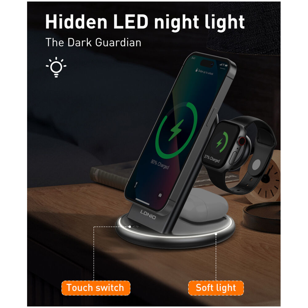 LDNIO ασύρματος φορτιστής WL02 με LED φωτισμό, 3 σε 1, 15W, μαύρος - Image 6