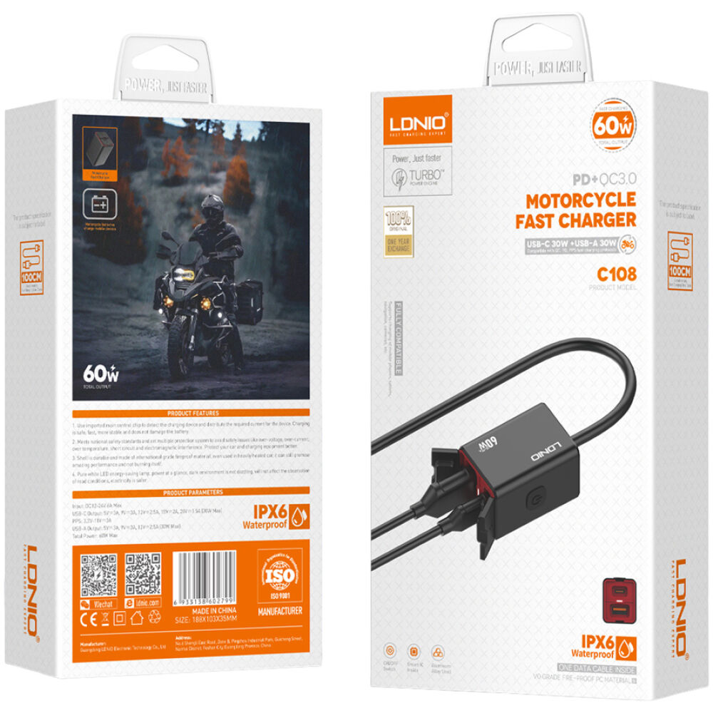 LDNIO φορτιστής μοτοσυκλέτας C108 με καλώδιο, USB/USB-C, 60W, μαύρος - Image 4