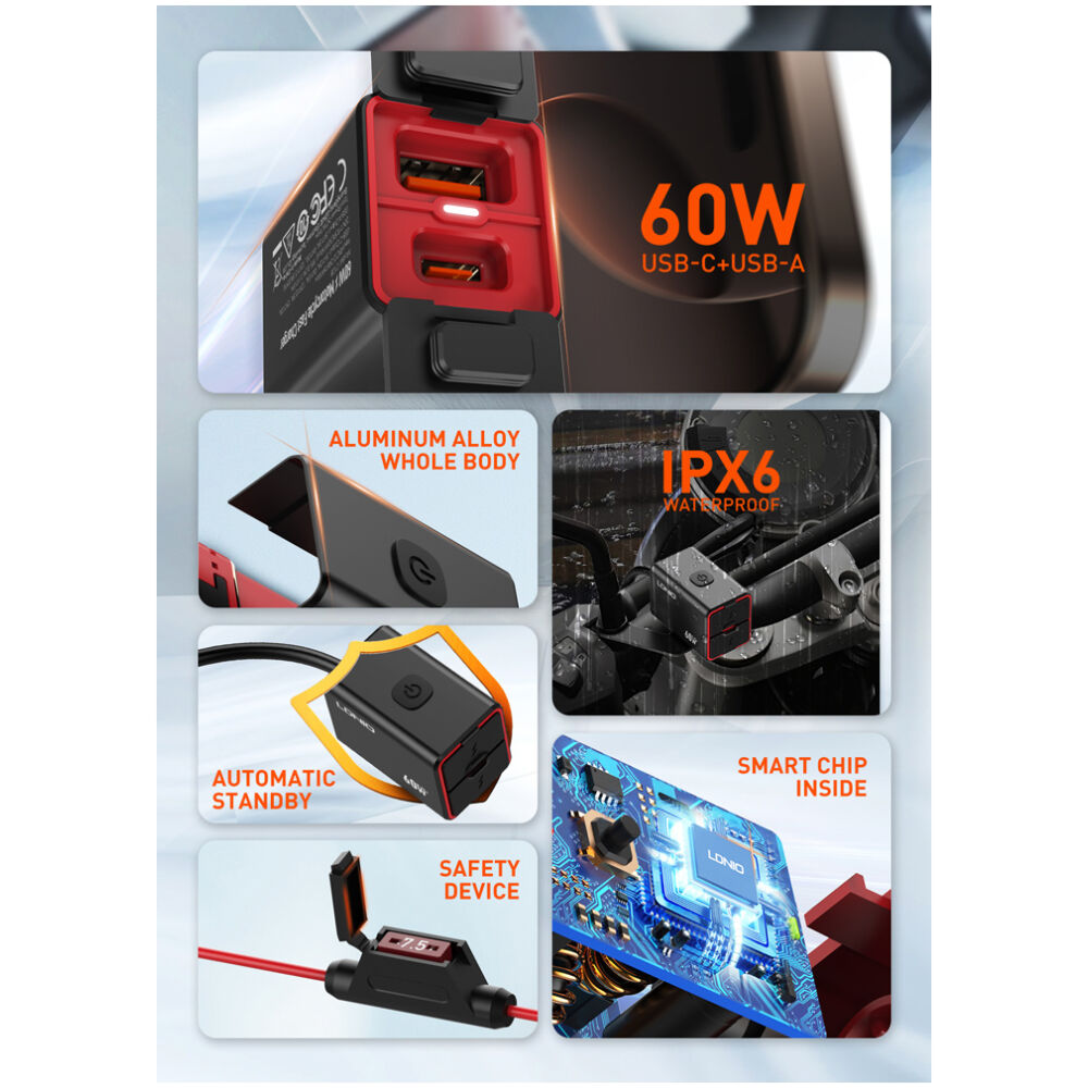 LDNIO φορτιστής μοτοσυκλέτας C108 με καλώδιο, USB/USB-C, 60W, μαύρος - Image 5
