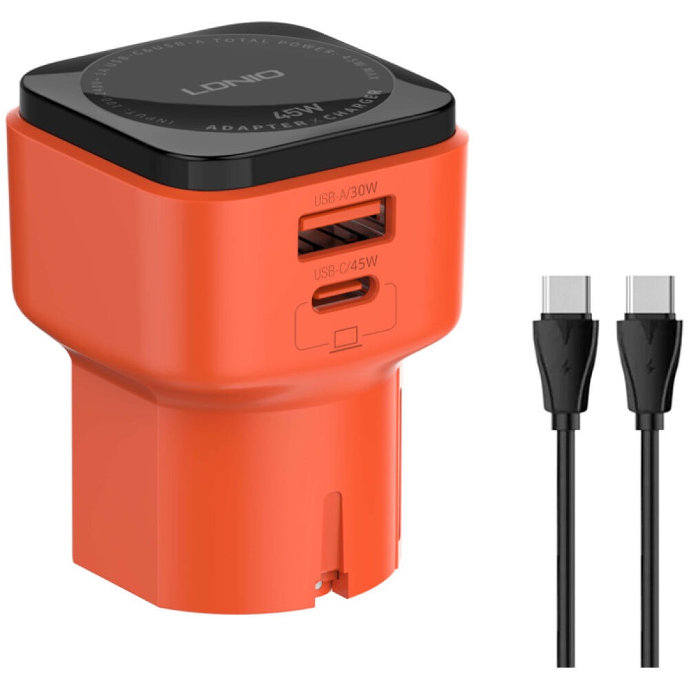 LDNIO φορτιστής τοίχου Q2420 με καλώδιο, USB/USB-C, 45W, universal πρίζα, πορτοκαλί