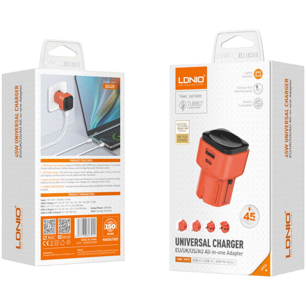 LDNIO φορτιστής τοίχου Q2420 με καλώδιο, USB/USB-C, 45W, universal πρίζα, πορτοκαλί - Image 9