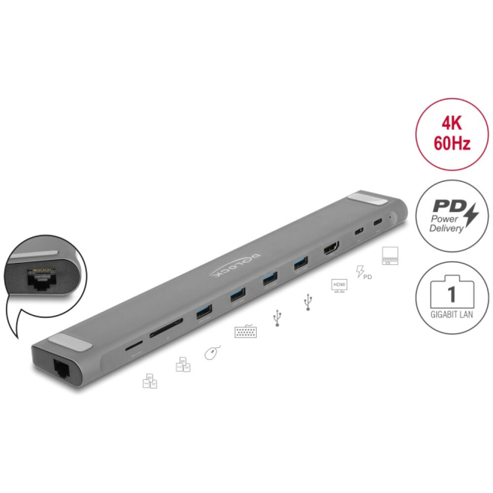 DELOCK docking station 87895, 9 θυρών, βάση laptop, 85W PD, 4K, γκρι - Image 3