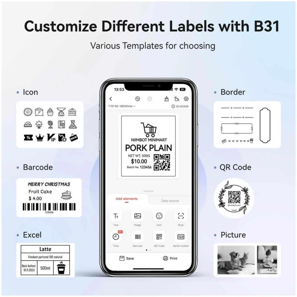 NIIMBOT smart θερμικός εκτυπωτής ετικετών B31, 203dpi, Bluetooth, μπλε - Image 6