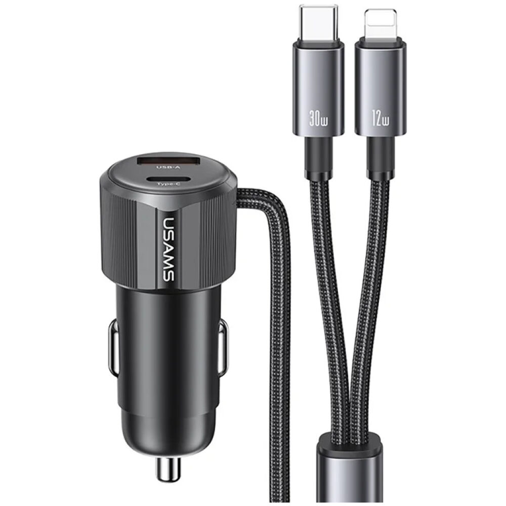 USAMS φορτιστής αυτοκινήτου CC287 με 2 σε 1 καλώδιο, USB/USB-C θύρες, 66W, μαύρος