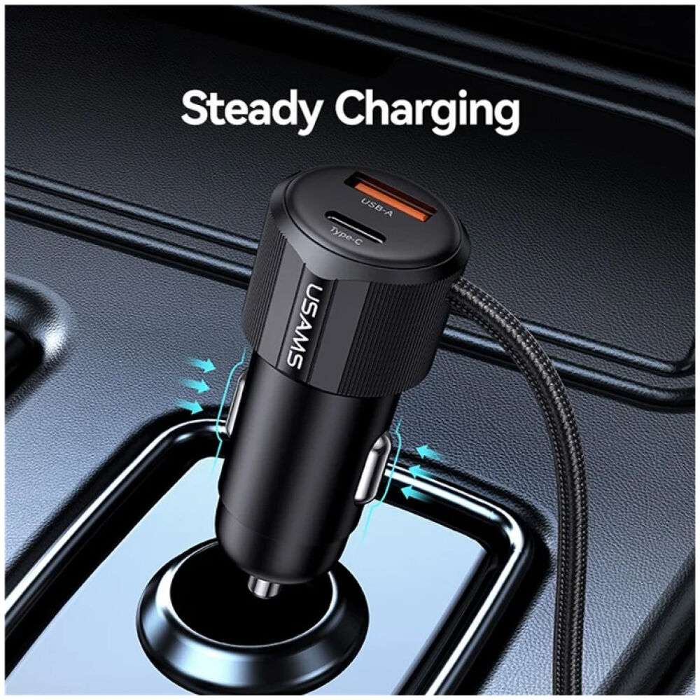 USAMS φορτιστής αυτοκινήτου CC287 με 2 σε 1 καλώδιο, USB/USB-C θύρες, 66W, μαύρος - Image 3