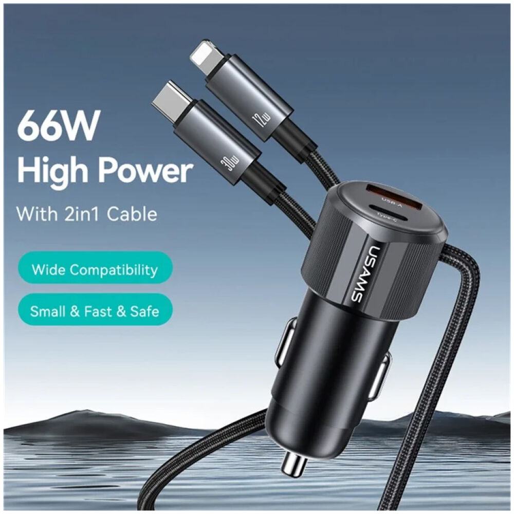 USAMS φορτιστής αυτοκινήτου CC287 με 2 σε 1 καλώδιο, USB/USB-C θύρες, 66W, μαύρος - Image 5