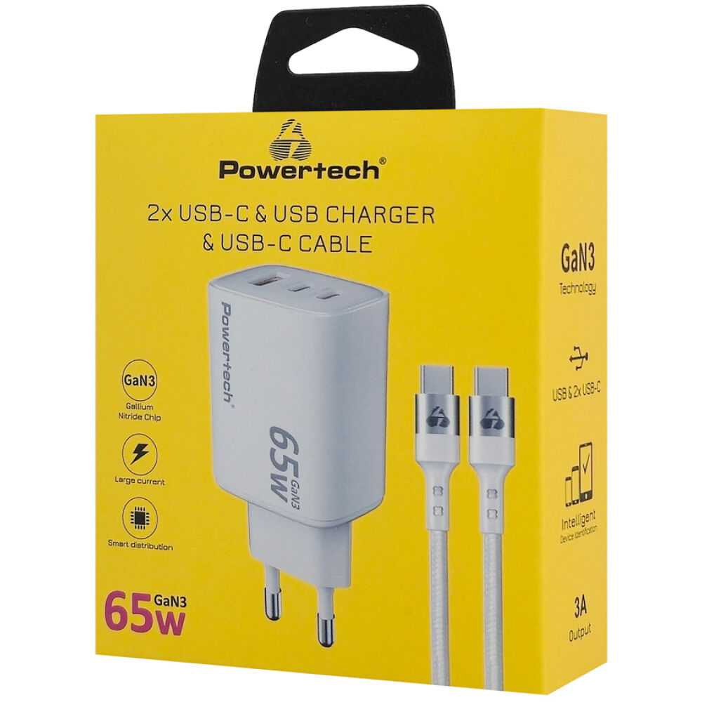 POWERTECH φορτιστής τοίχου PT-1415 με καλώδιο, USB/2x USB-C, 65W, GaN, λευκός - Image 2