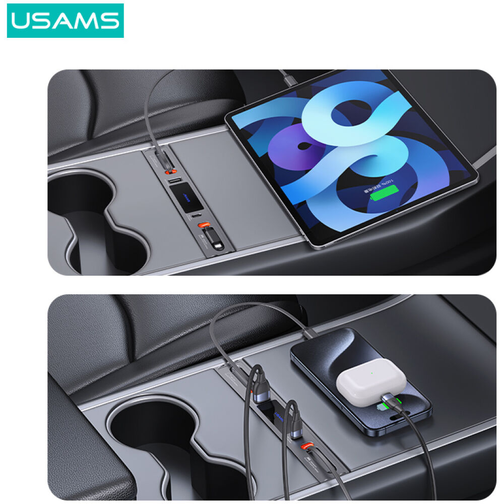 USAMS φορτιστής αυτοκινήτου US-SJ649 για Tesla(3/Y), με 2x καλώδια, USB/USB-C θύρες, 60W, γκρι - Image 3