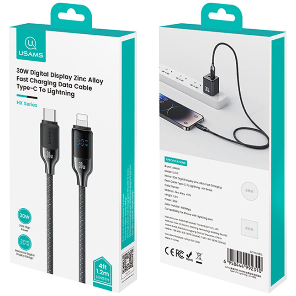 USAMS καλώδιο Lightning σε USB-C SJ741, 30W, 480Mbps, 1.2m, μαύρο - Image 5