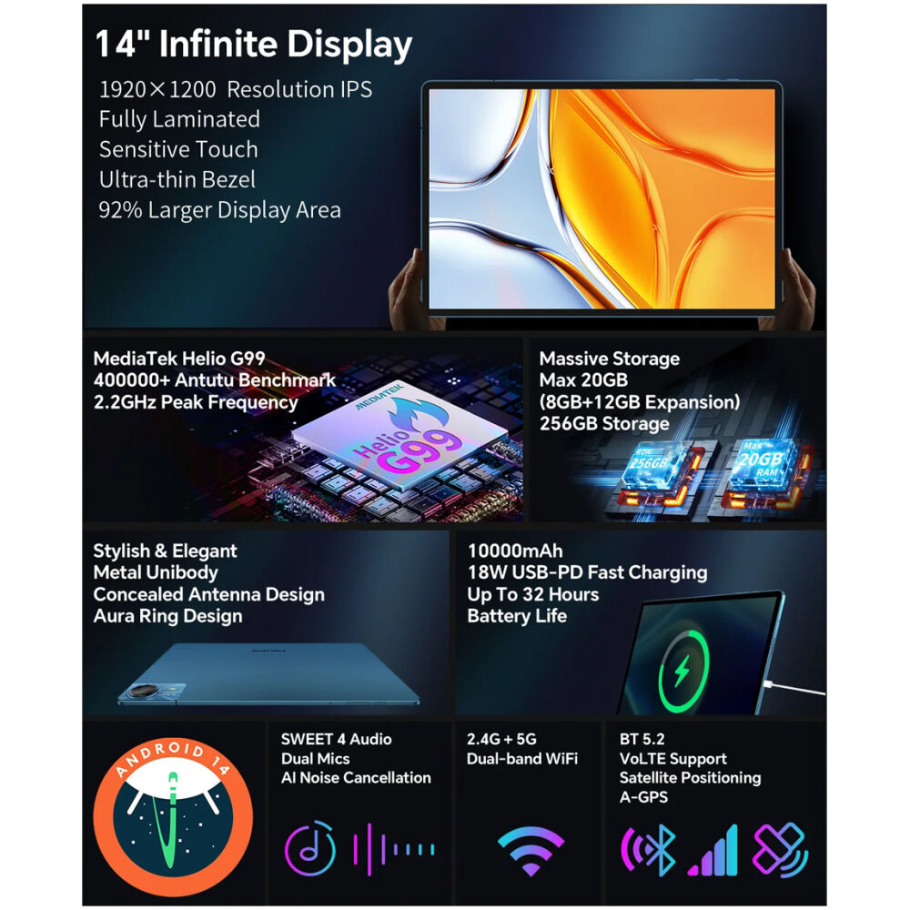TECLAST tablet T70, 14", 8/256GB, 4G, Android 14, 10000mAh, μπλε - Image 10