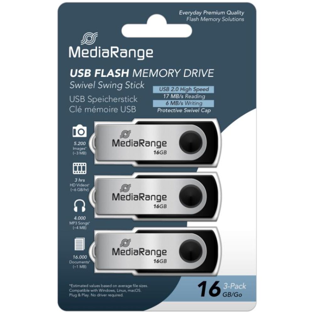 MediaRange USB flash drives, 16GB, Pack 3 (MR910-3)