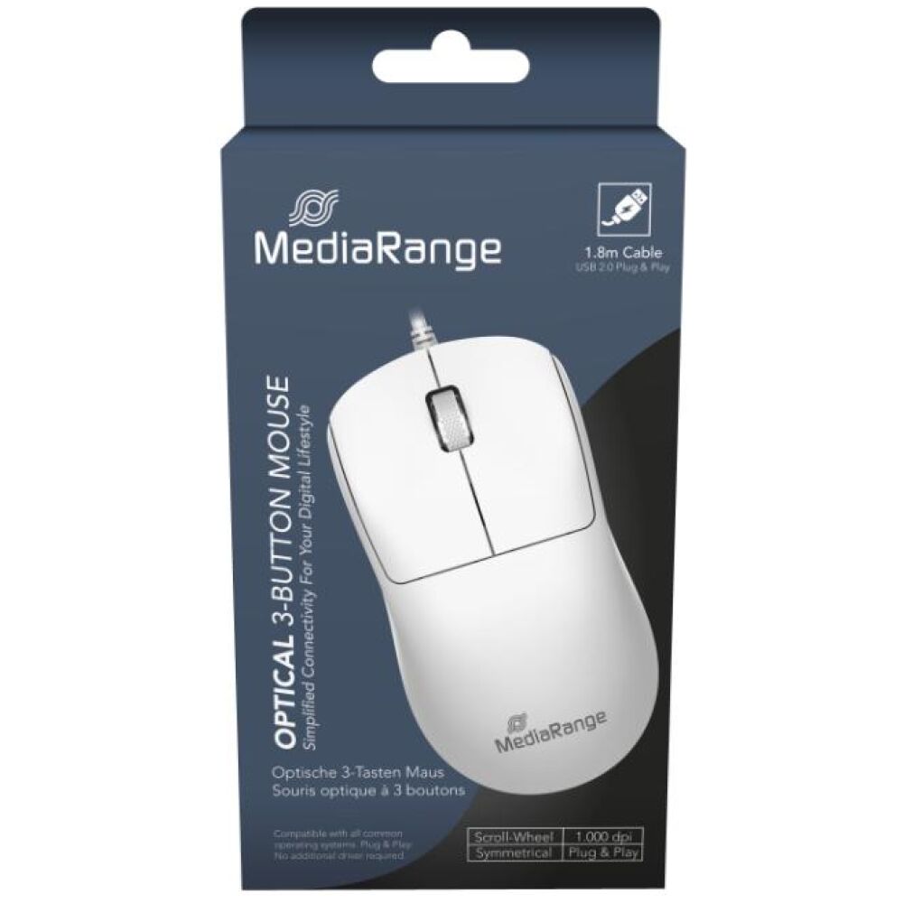 MediaRange Wired Optical 3-Button Mouse with Scroll-Wheel, 1.000 dpi, Symmetrical, 1.5m Cable, White) (MROS255)