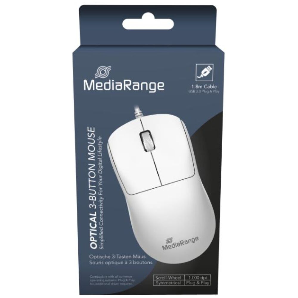 MediaRange Optical 4-Button Wireless Mouse with Scroll-Wheel and DPI-Button, 1.000 - 1.600 dpi, Symmetrical, White (MROS257)