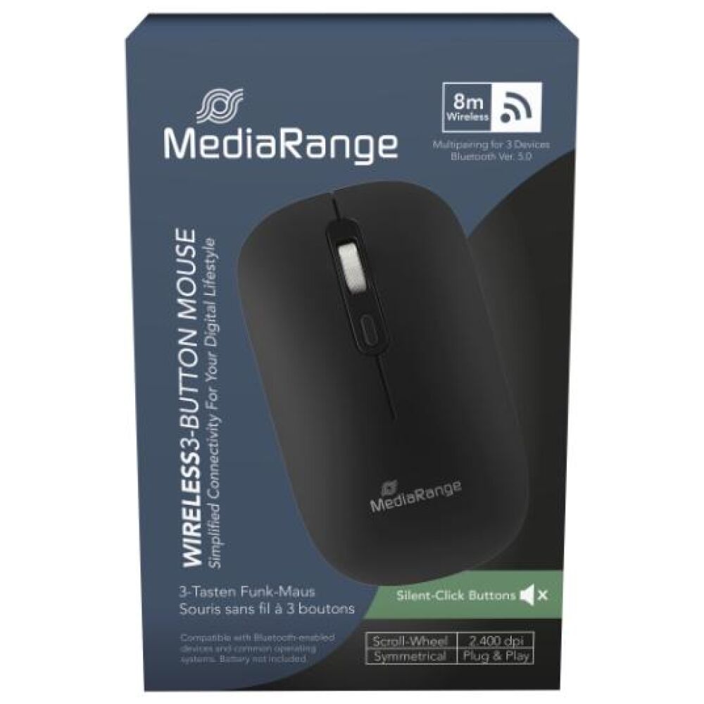 MediaRange Optical 4-Button Wireless.Scroll-Wheel,1.000 - 2.400 dpi,BT Ver. 5.0), Black (MROS267)