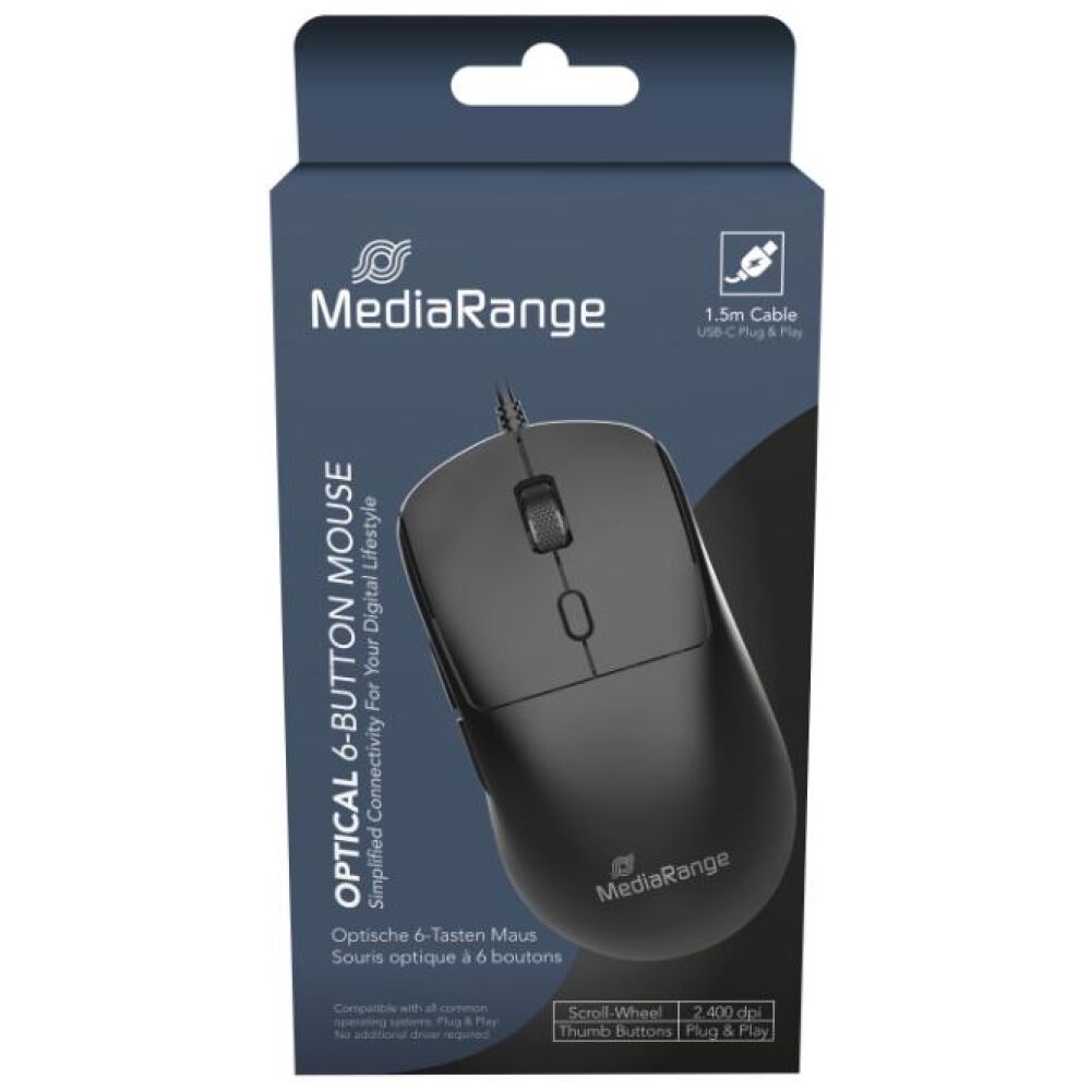 MediaRange Wired Optical 6-Button Mouse, Scroll-Wheel,800 - 2.400 dpi,1.5m USB-C Cable, Black (MROS271)