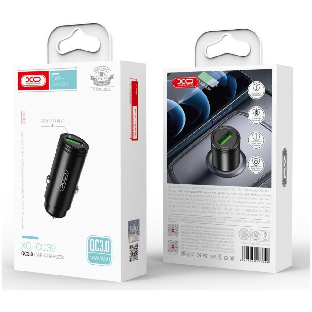 XO CC39 ΦΟΡΤΙΣΤΗΣ ΑΥΤΟΚΙΝΗΤΟΥ 18W QC3.0, ΜΕΤΑΛΛΙΚΟΣ, 1 ΘΥΡΑ, ΜΑΥΡΟΣ