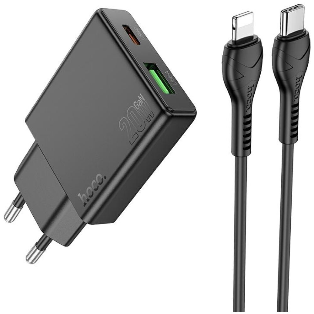 HOCO N38 DELGADO ΦΟΡΤΙΣΤΗΣ PD20W, ΜΕ ΚΑΛΩΔΙΟ PD ΣΕ LIGHTNING, 2 ΘΥΡΕΣ, ΜΑΥΡΟΣ