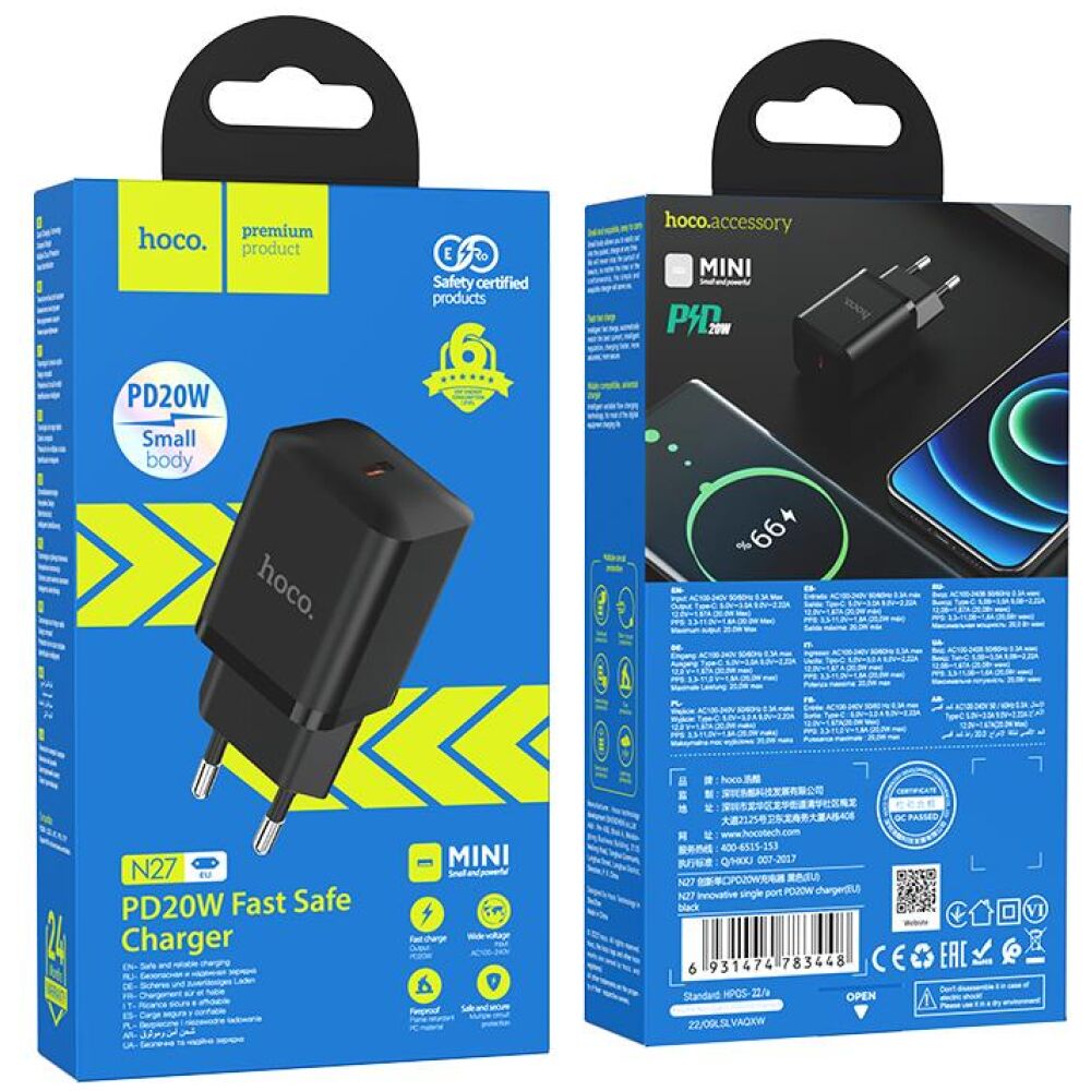 HOCO N27 ΦΟΡΤΙΣΤΗΣ INNOVATIVE, PD20W, 1 ΘΥΡΑ, ΜΑΥΡΟΣ