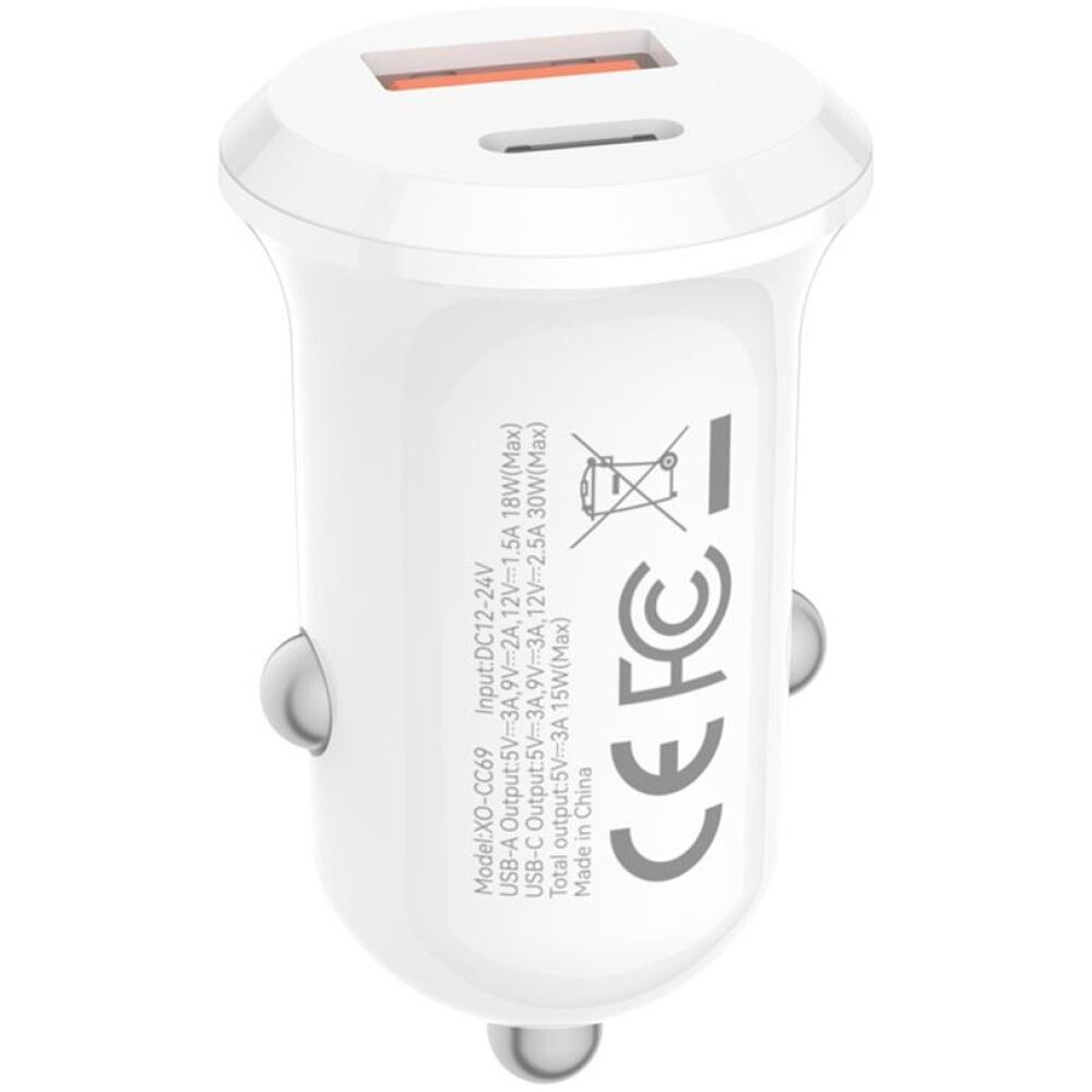 XO CC69 MINI SMART ΦΟΡΤΙΣΤΗΣ ΑΥΤΟΚΙΝΗΤΟΥ, 30W, 1 ΘΥΡΑ PD, 1 ΘΥΡΑ USB, ΛΕΥΚΟΣ