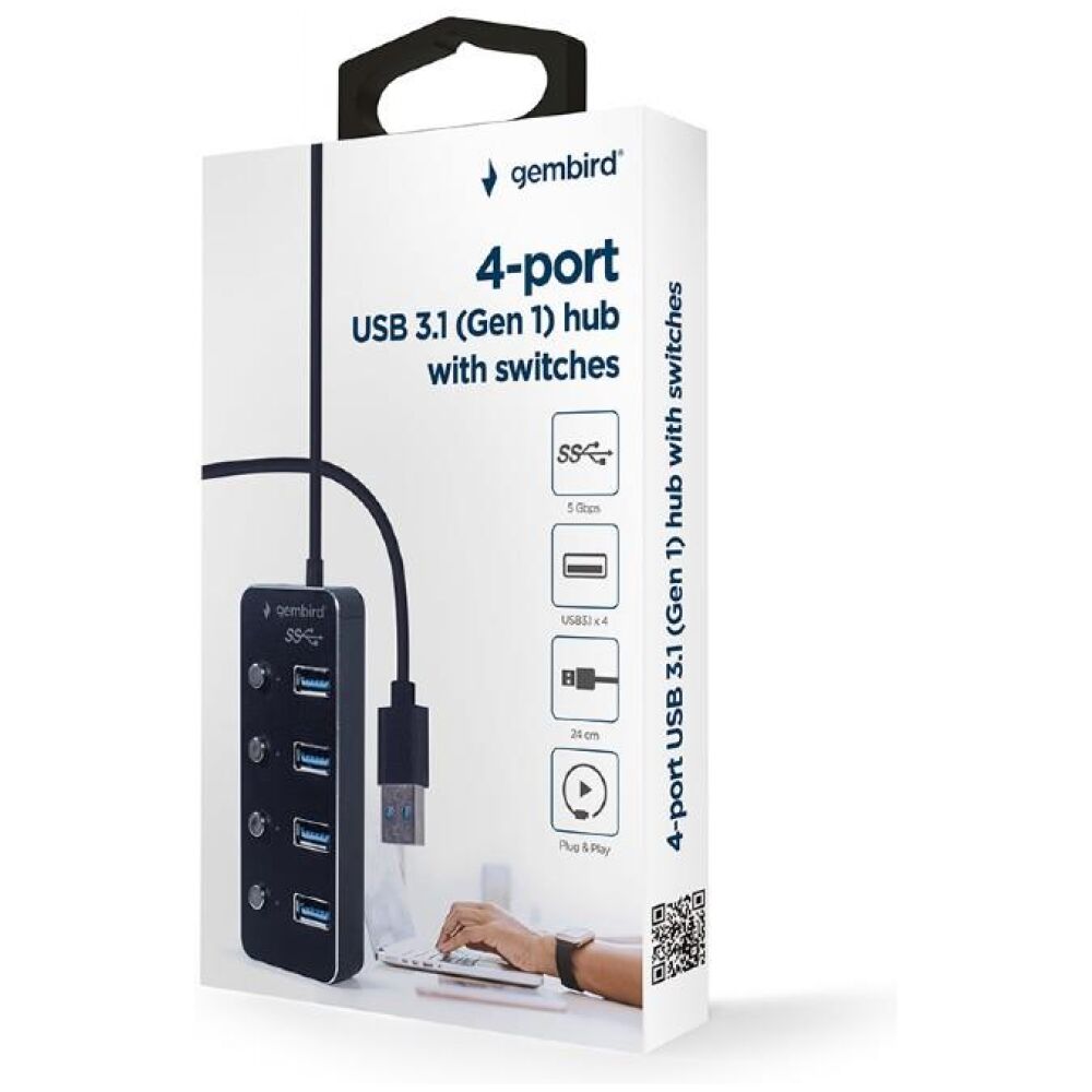 GEMBIRD USB HUB 3.1 ΜΕ ΔΙΑΚΟΠΤΕΣ, 4 PORT, ΜΑΥΡΟ - Image 3