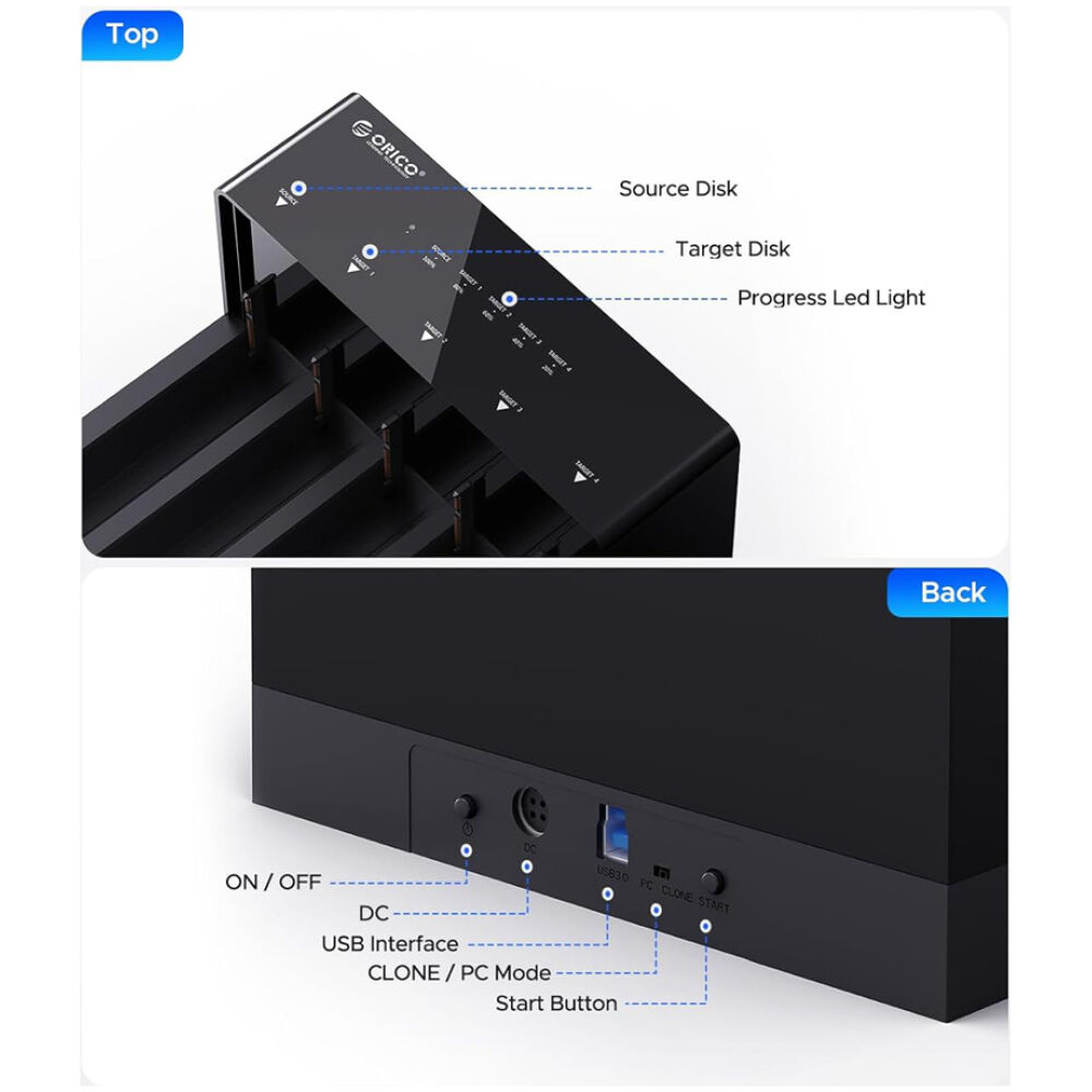 ORICO docking station για 2.5" ή 3.5" SATA HDD/SSD 6558US3-C, 5 θέσεων, 5Gbps, clone function, μαύρο - Image 4