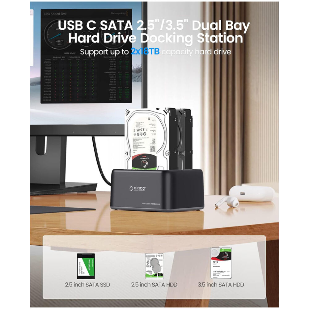 ORICO docking station για 2.5" ή 3.5" SATA HDD/SSD 6829C3-V1, 2 θέσεων, 5Gbps, μαύρο - Image 2