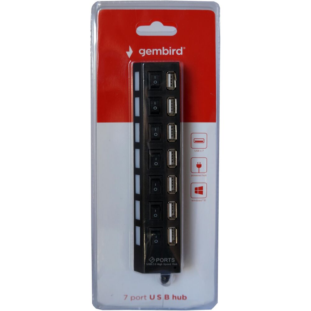 GEMBIRD USB HUB 2.0, 7 PORT, ΜΕ ΔΙΑΚΟΠΤΕΣ ΚΑΙ ΕΞΩΤΕΡΙΚΟ ΤΡΟΦΟΔΟΤΙΚΟ, ΜΑΥΡΟ - Image 2
