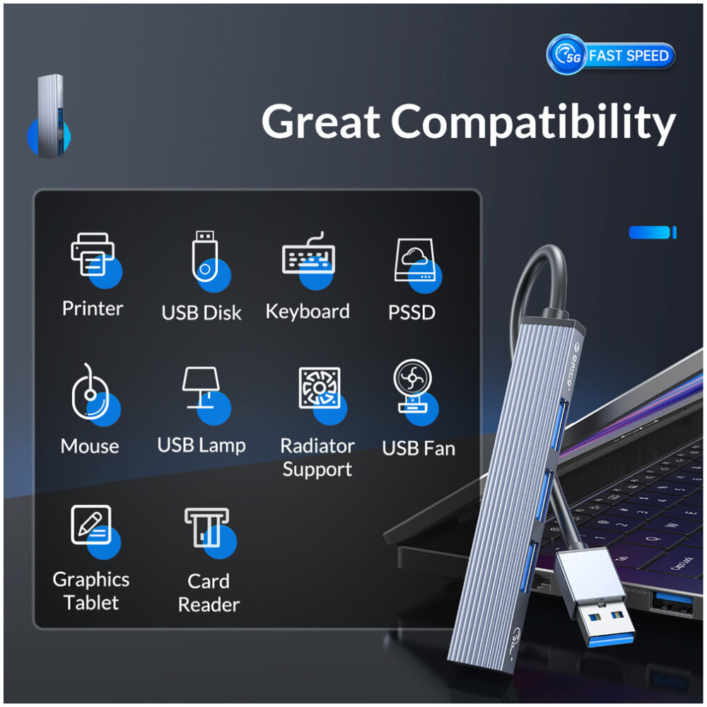 ORICO USB hub AH-A13, 4x θυρών, USB 3.0, 5Gbps, USB σύνδεση, γκρι - Image 3