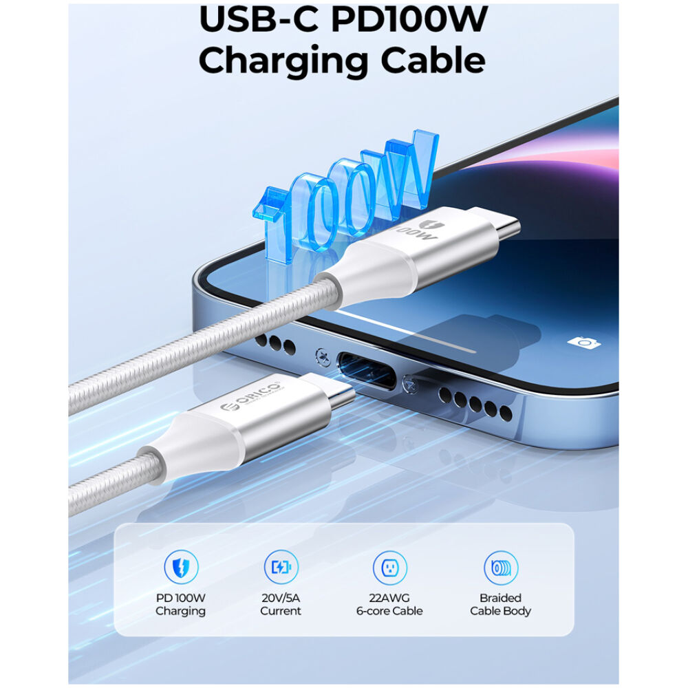 ORICO καλώδιο USB-C CDX-100CC, 100W, 480Mbps, 1m, λευκό - Image 2