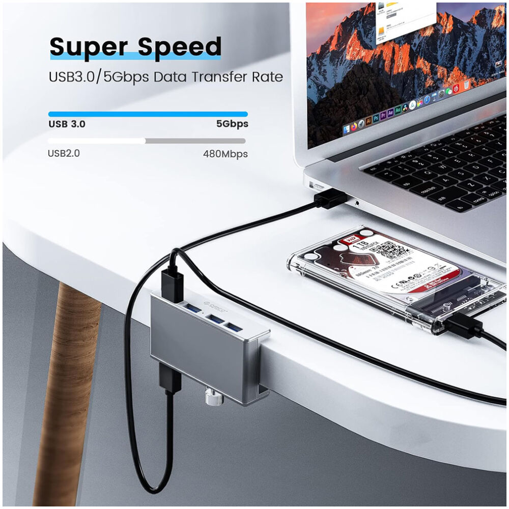 ORICO USB hub MH4PU-P με σφιγκτήρα, 4x θυρών, 5Gbps, USB σύνδεση, ασημί - Image 2