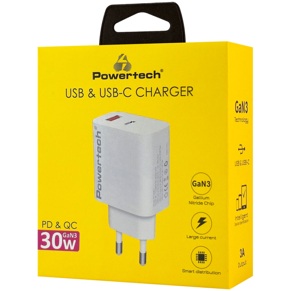 POWERTECH φορτιστής τοίχου PT-1433, USB/USB-C, 30W, GaN, λευκός - Image 2