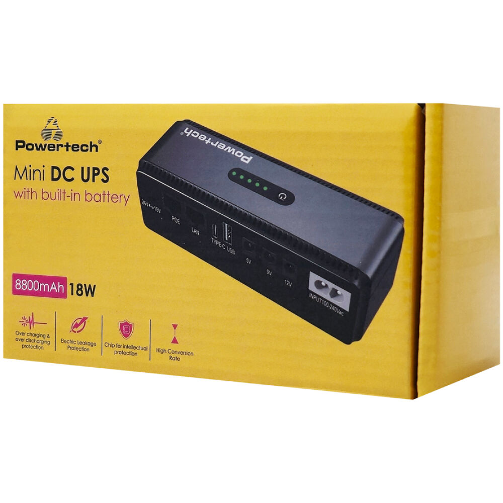 POWERTECH mini DC UPS PT-1436, 18W, 8800mAh, 3x DC, USB/USB-C/LAN/POE, μαύρο - Image 4