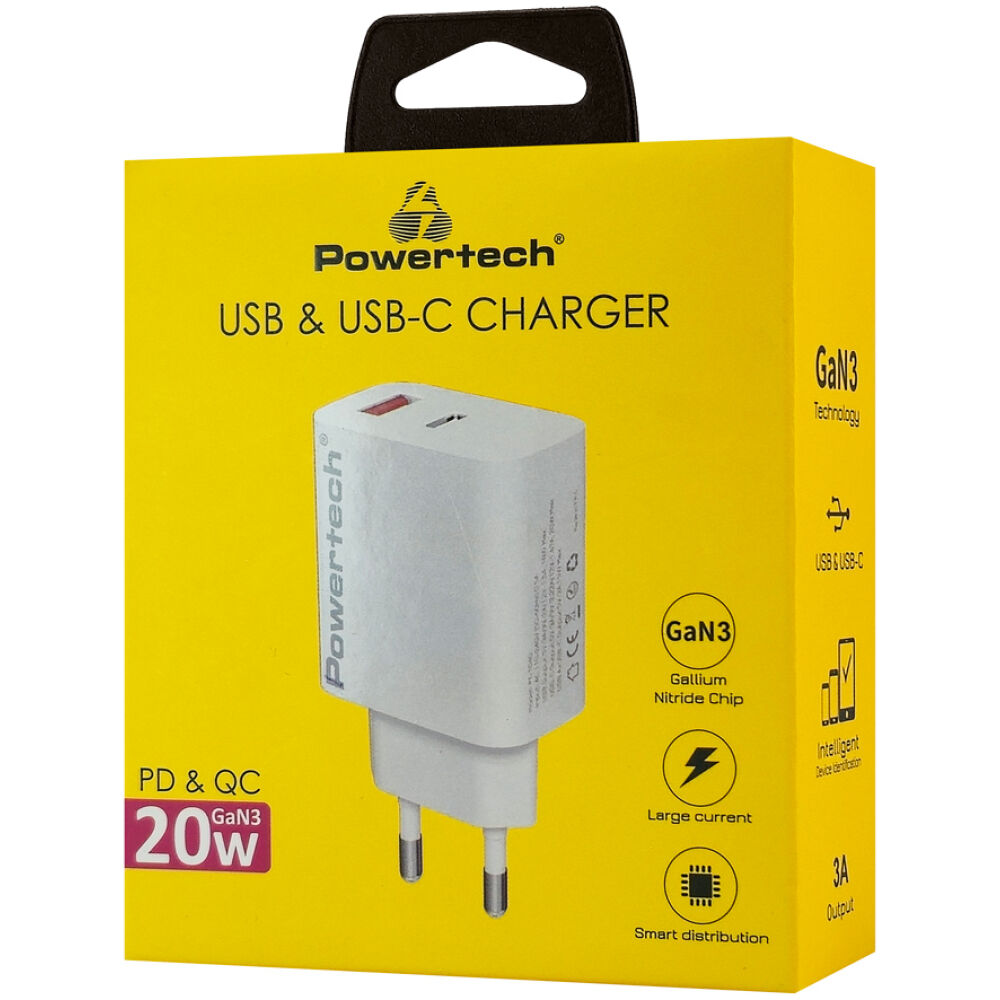 POWERTECH φορτιστής τοίχου PT-1437, USB/USB-C, 20W, GaN, λευκός - Image 2