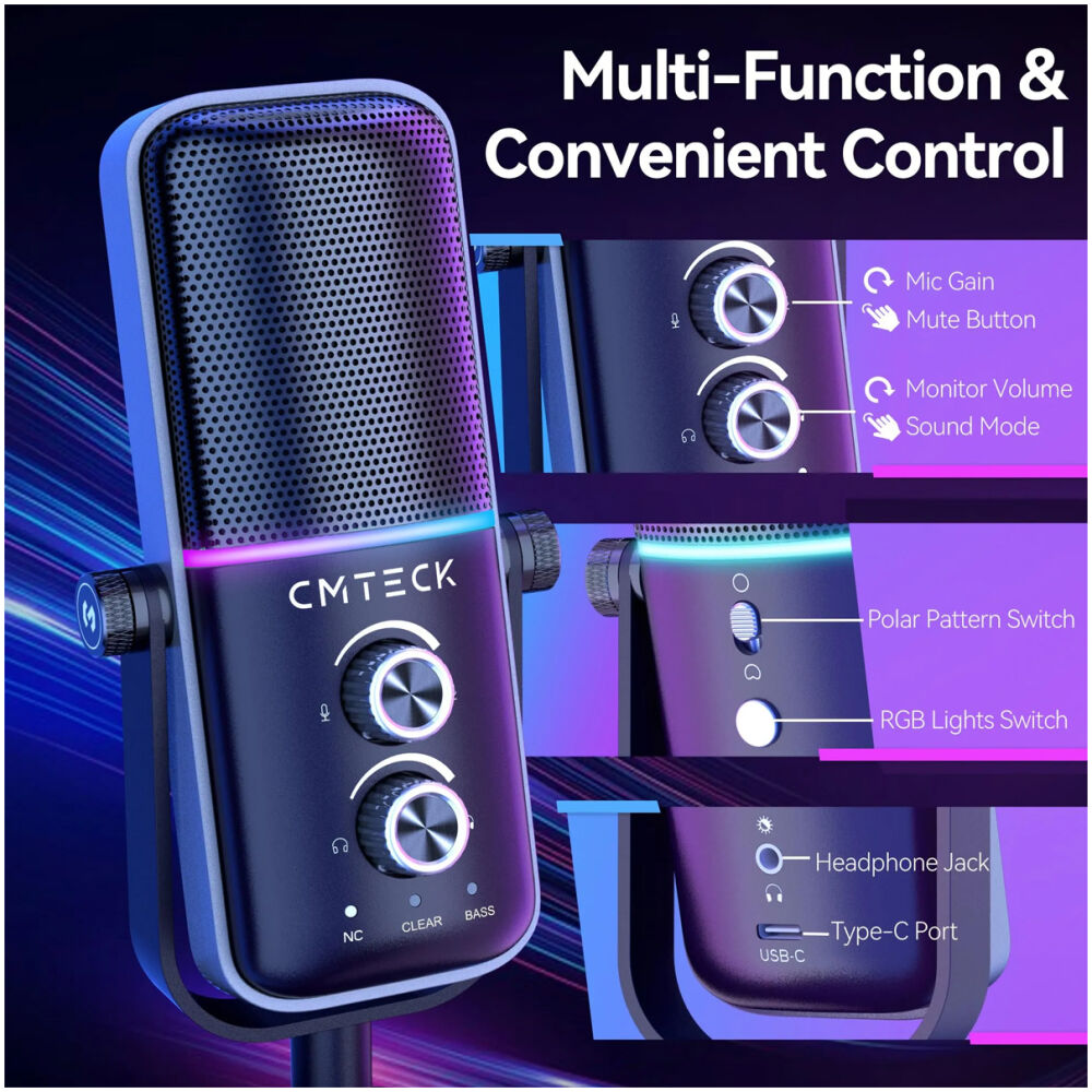 CMTECK επιτραπέζιο μικρόφωνο XM600, omnidirectional/καρδιοειδές, USB, RGB LED, μαύρο - Image 6