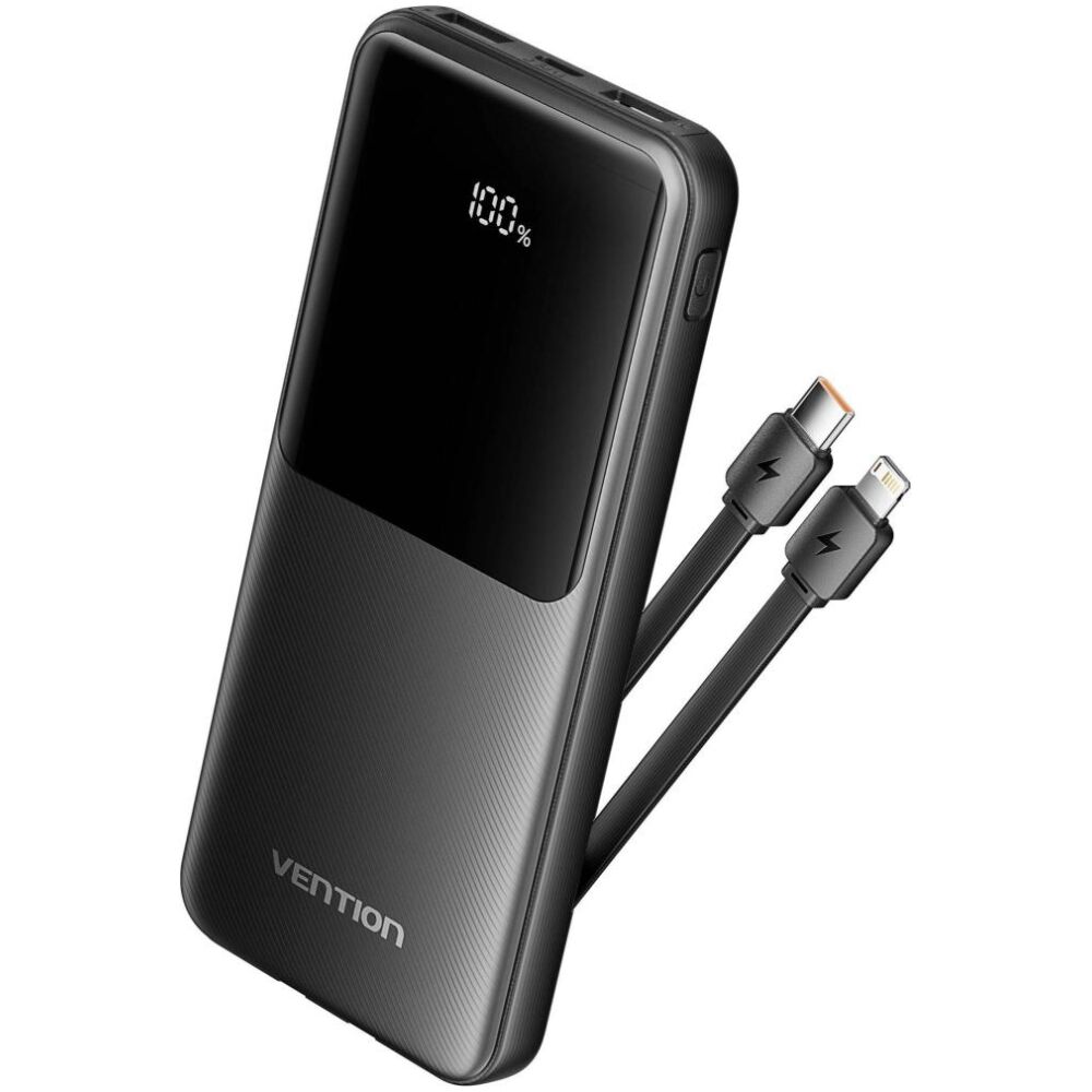 VENTION 10.000mAh Power Bank (Micro-USB + USB-C + USB-A + USB-A) with Built-In Type-C and Lightning Cables 22.5W Black Led Display Type (FHOB0) (VENFHOB0)