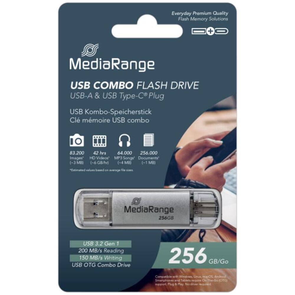 MediaRange USB 3.2 Gen 1 Combo Flash Memory Drive with USB-A and USB-C®, with Protective Caps, Silver, 256GB (MR939-1)