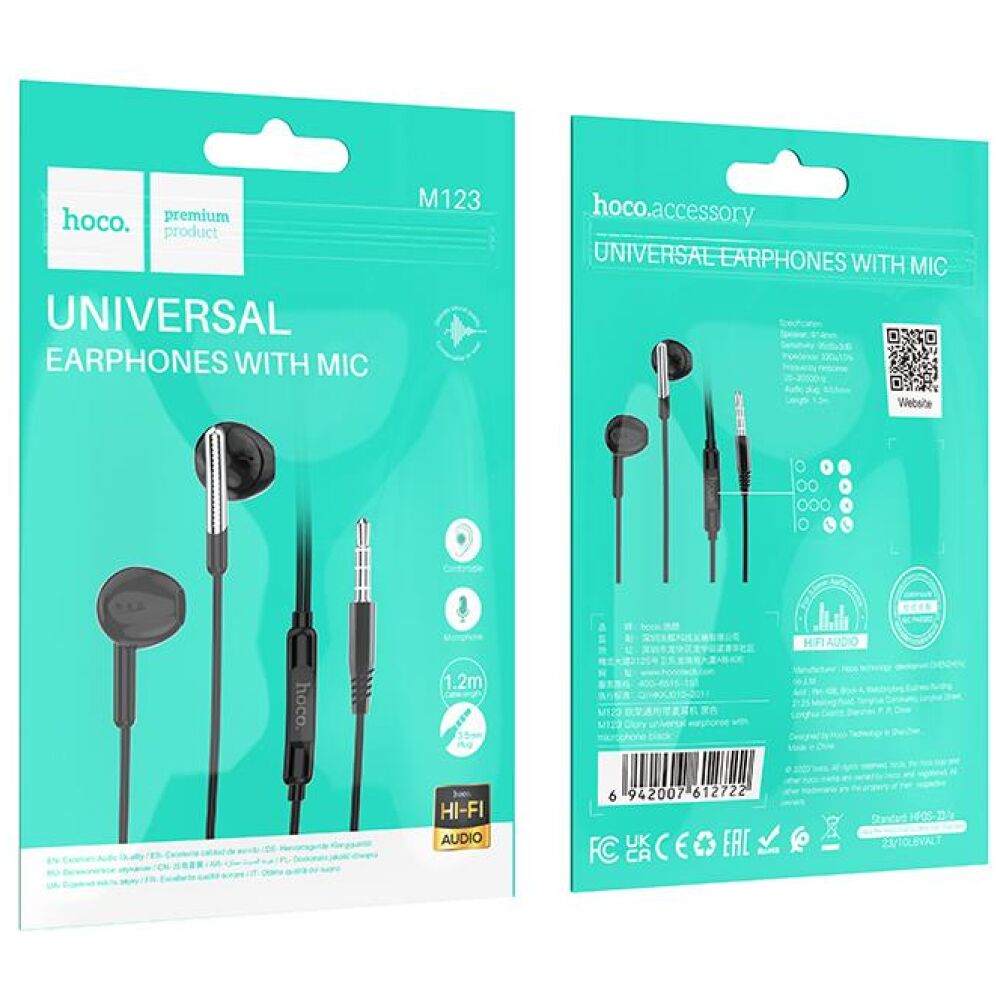 HOCO M123 ΑΚΟΥΣΤΙΚΑ 3.5MM JACK GLORY UNIVERSAL ΜΕ ΜΙΚΡΟΦΩΝΟ , ΜΑΥΡΑ