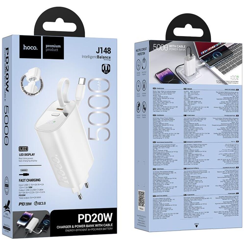 HOCO J148 HANDY PD20W POWER BANK ΤΟΙΧΟΥ, ΜΕ ΚΑΛΩΔΙΟ TYPE-C, 5.000MAH, ΛΕΥΚΟ - Image 3