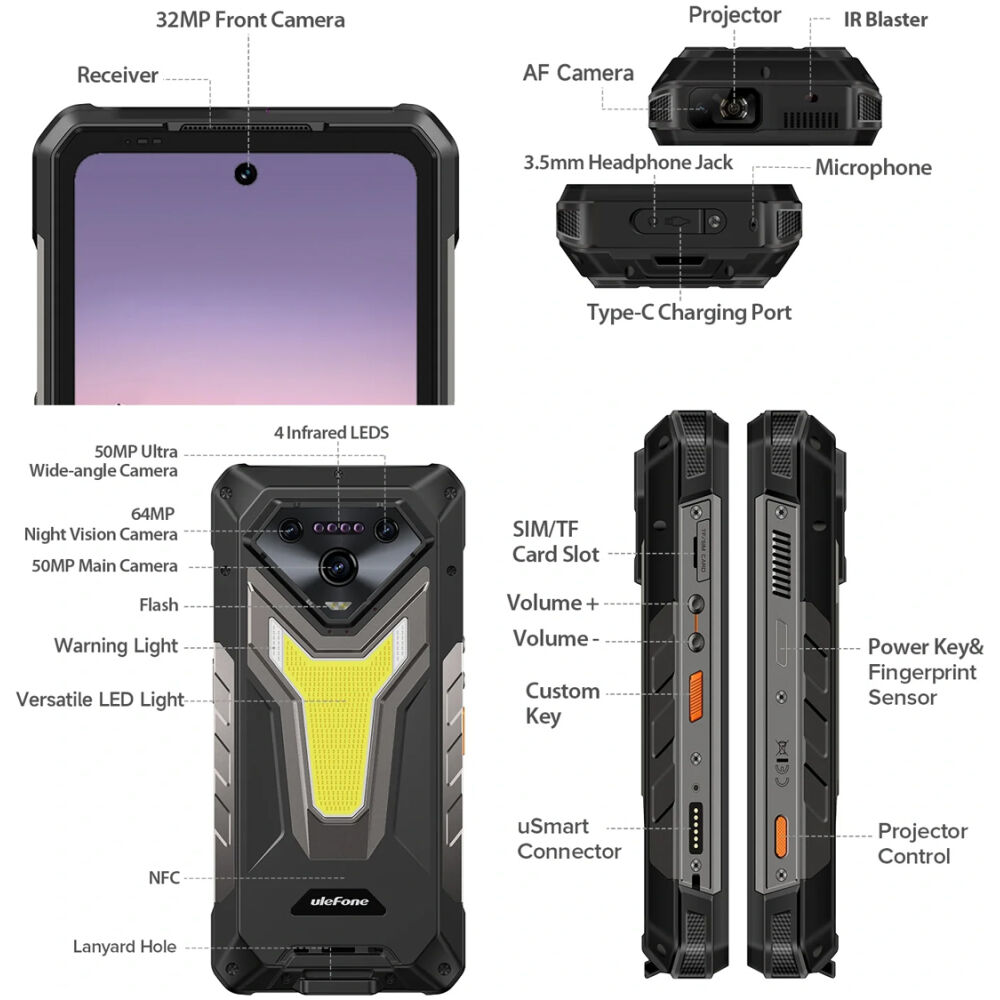 ULEFONE smartphone Armor 34 Pro με βιντεοπροβολέα, 6.95", 5G, 16/512GB, 25500mAh, IP68/IP69K/MIL-STD-810H, μαύρο - Image 5