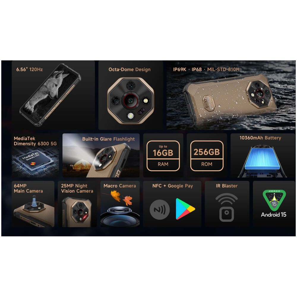 ULEFONE smartphone Armor X16 Pro, 6.56", 8/256GB, 5G, 10360mAh, IP68/IP69K/MIL-STD-810H, μαύρο - Image 9