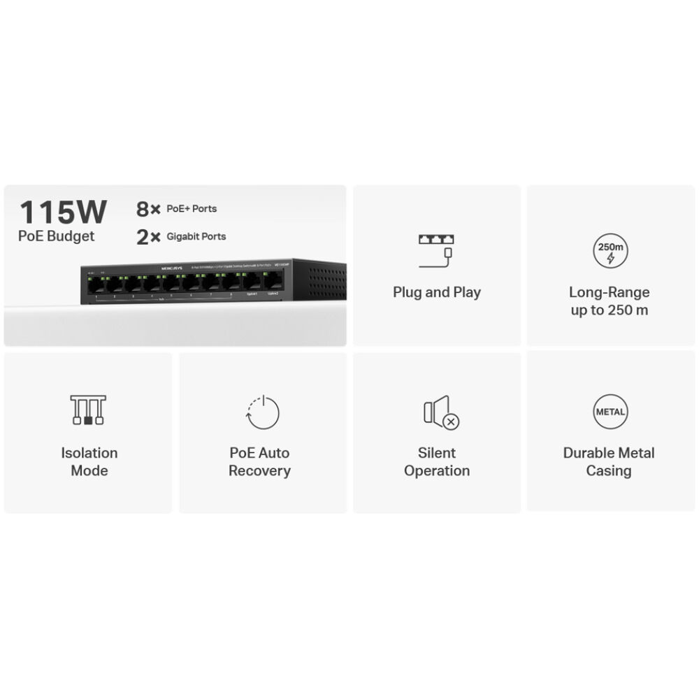 MERCUSYS Desktop Switch MS110CMP, 8x 10/100Mbps PoE+, 2x Gigabit, Ver. 1.0 - Image 2