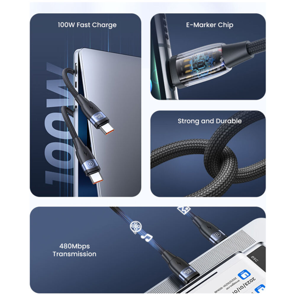 USAMS καλώδιο USB-C σε USB-C US-SJ633, 100W PD, 2m, μαύρο - Image 2
