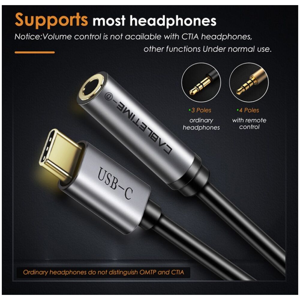 CABLETIME καλώδιο USB Type-C σε 3.5mm C160, Digital Version, 0.1m, μαύρο - Image 2